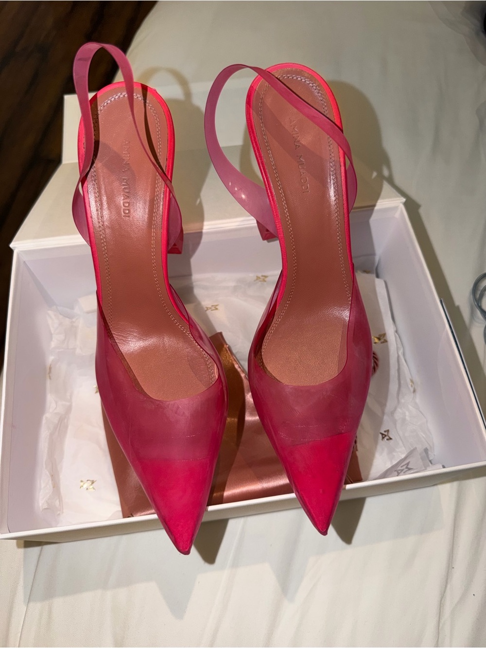 Amina Muaddi Pink Pointed-Toe Slingback Heels